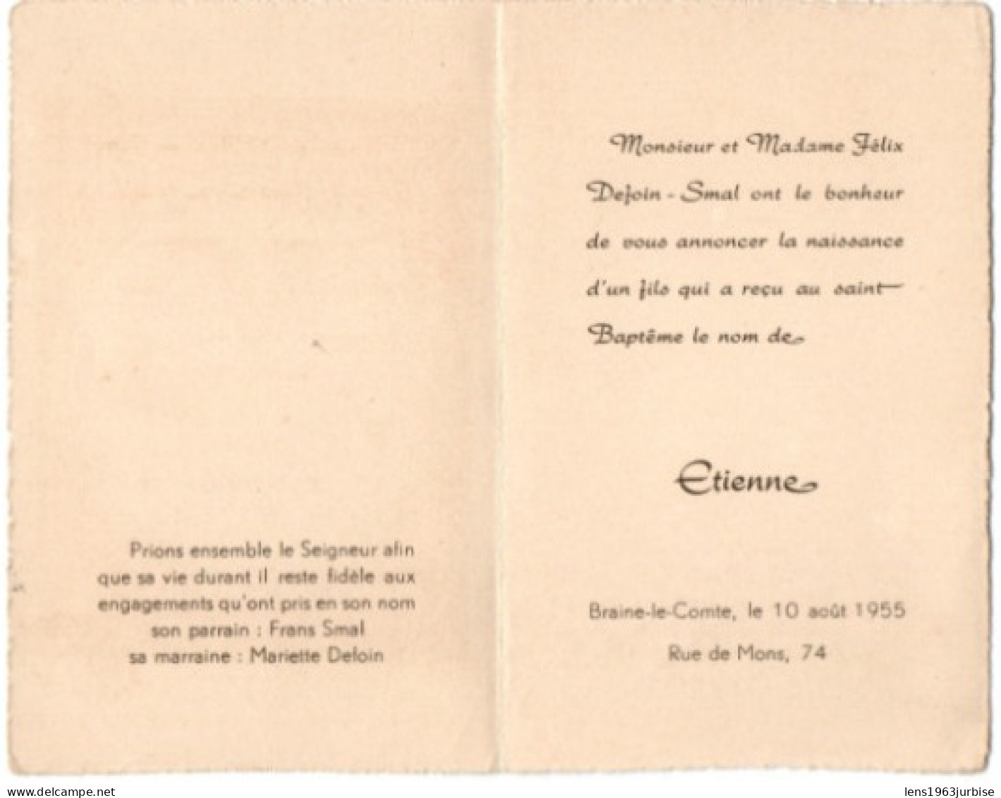 Braine Le Comte, Le 10 Août 1955 , Rue De Mons , 74 , Defoin - Smal , Etienne - Birth & Baptism