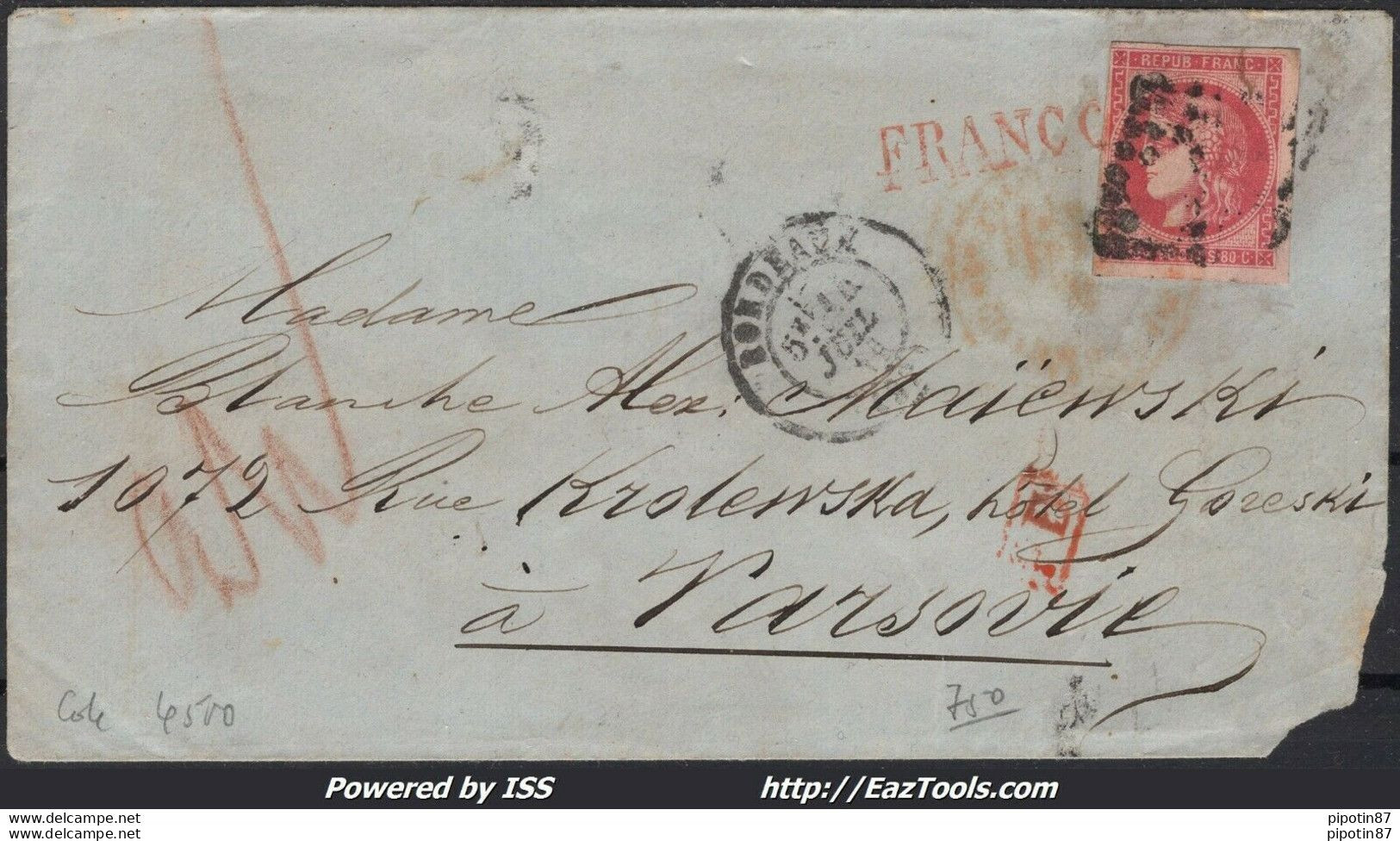 FRANCE N°49 SUR LETTRE POUR VARSOVIE POLOGNE GC 532 BORDEAUX GIRONDE + CAD DU 14/07/1871 - 1870 Emission De Bordeaux