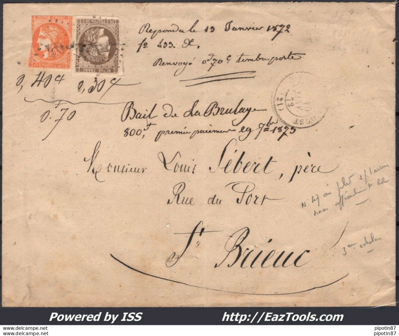 FRANCE N°47+48 SUR LETTRE POUR SAINT BRIEUC 3EME ECHELON GC + CAD DU 10/01/1872 - 1870 Emisión De Bordeaux