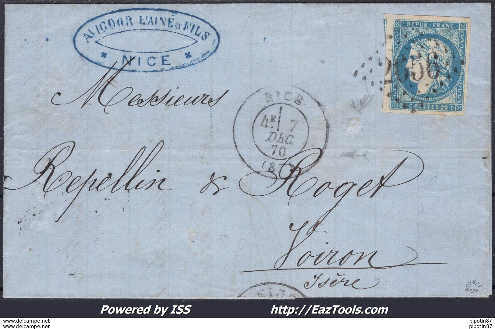 FRANCE N° 44A SUR LETTRE GC 2656 NICE + CACHET A DATE DU 07/12/1870 SIGNÉ ROUMET + CERTIFICAT - 1870 Bordeaux Printing