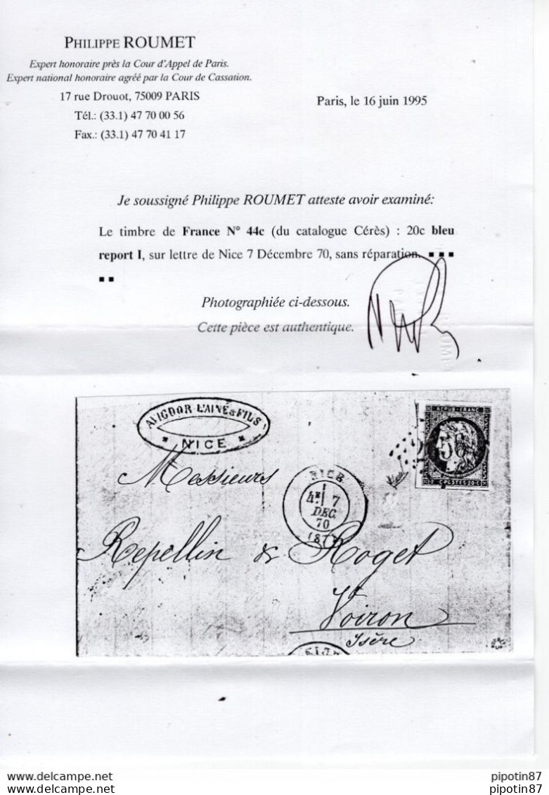 FRANCE N° 44A SUR LETTRE GC 2656 NICE + CACHET A DATE DU 07/12/1870 SIGNÉ ROUMET + CERTIFICAT - 1870 Bordeaux Printing