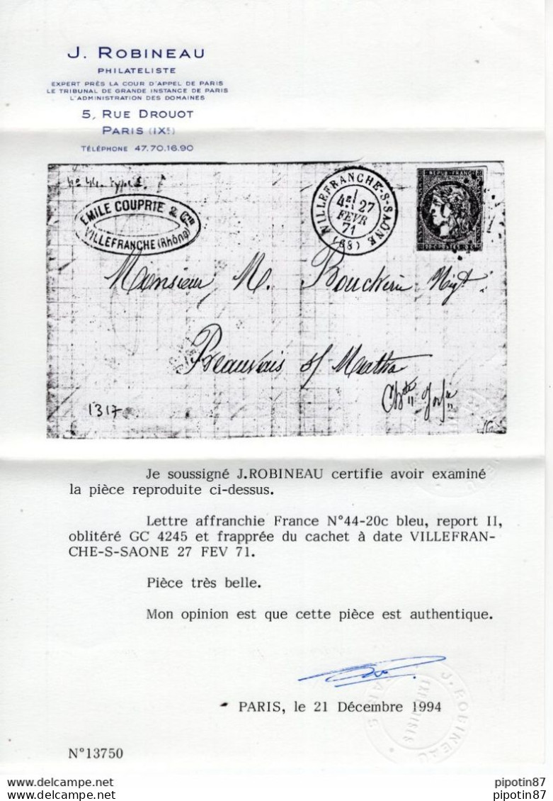 FRANCE N° 44B SUR LETTRE GC 4245 VILLEFRANCHE/SAONE DU 27/02/1871 SIGNÉ BRUN + CERTIFICAT - 1870 Emissione Di Bordeaux