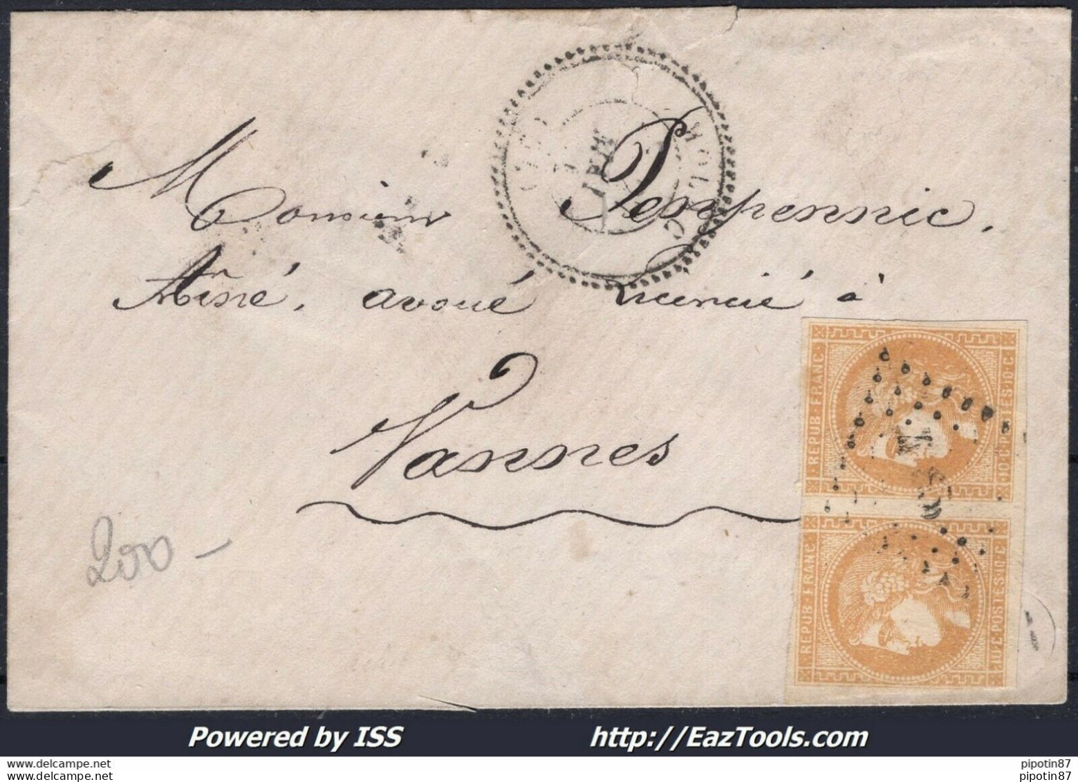 FRANCE PAIRE BORDEAUX N°43B SUR LETTRE OBLITERATION PC + CAD PERLÉ DU 27/05/1871 - 1870 Bordeaux Printing