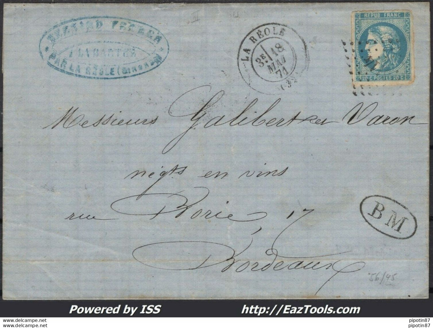 FRANCE N°46B SUR LETTRE PC DES GC 3114 LA REOLE GIRONDE + CAD DU 18/05/1871 + BM - 1870 Bordeaux Printing