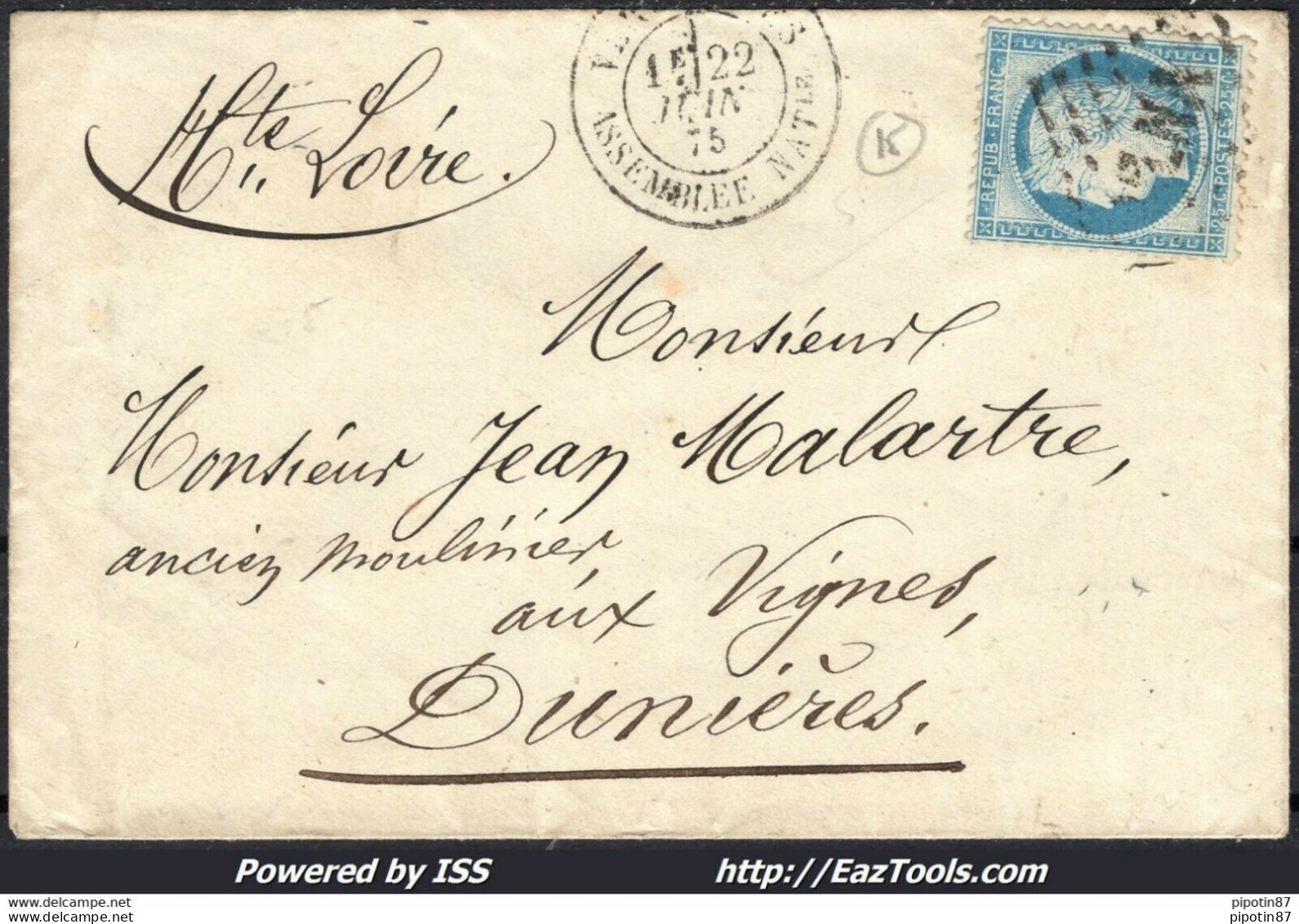 FRANCE N°60C SUR LETTRE ASNA + CAD VERSAILLES ASSEMBLÉE NATIONALE 22/06/1875 - 1871-1875 Ceres