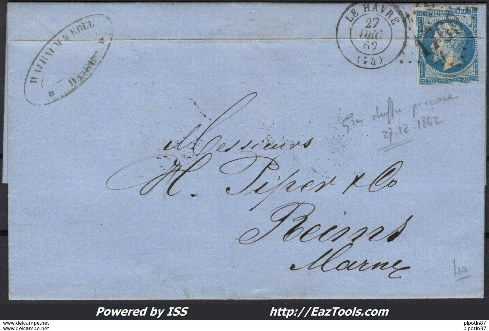 FRANCE N°14B SUR LETTRE AVEC GC 1769 LE HAVRE PRECOCE + CAD DU 27/12/1862 - 1853-1860 Napoléon III.