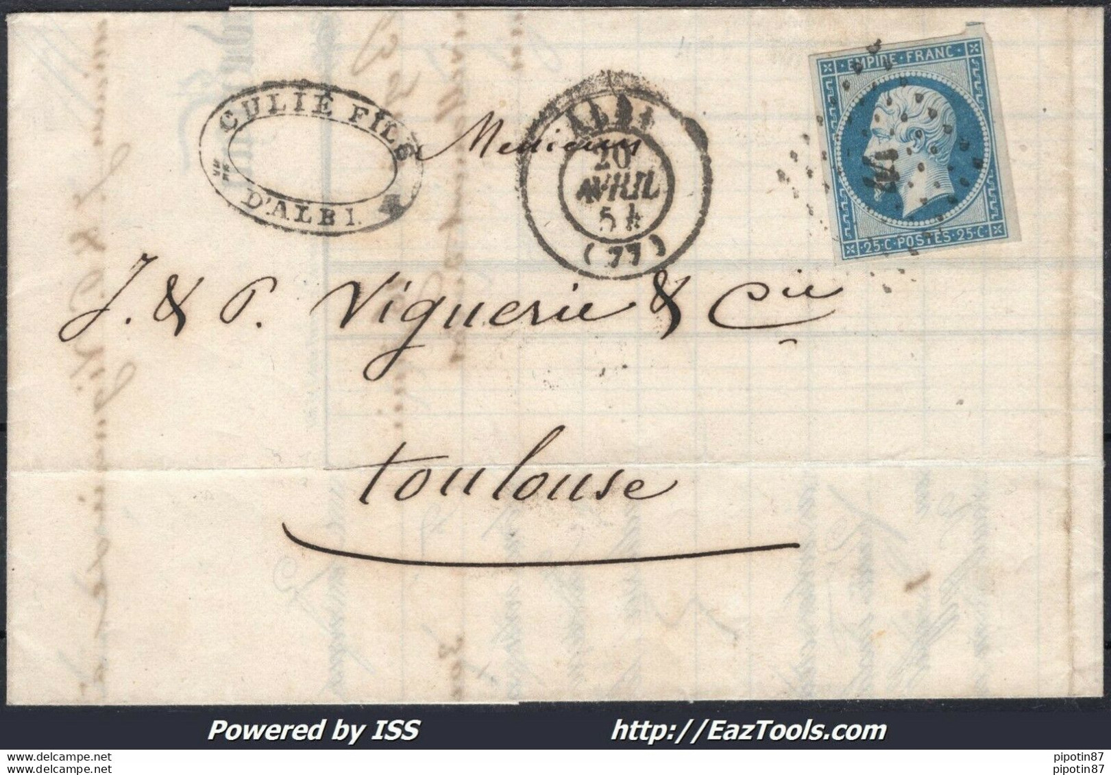 FRANCE N° 15 SUR LETTRE CACHET PC 44 ALBI TARN + CACHET A DATE DU 20/04/1854 - 1853-1860 Napoléon III.