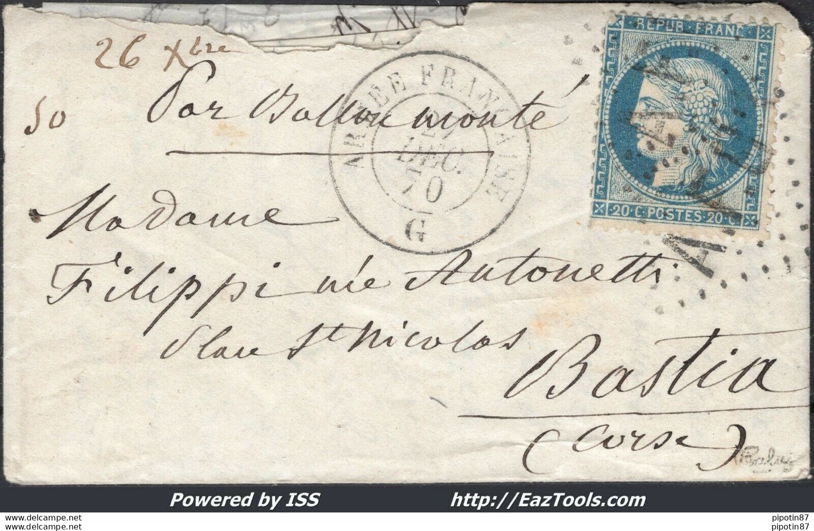 FRANCE BALLON MONTÉ LE BAYARD CACHET AFG ARMEE FRANCAISE POUR BASTIA 27/12/1870 - Krieg 1870