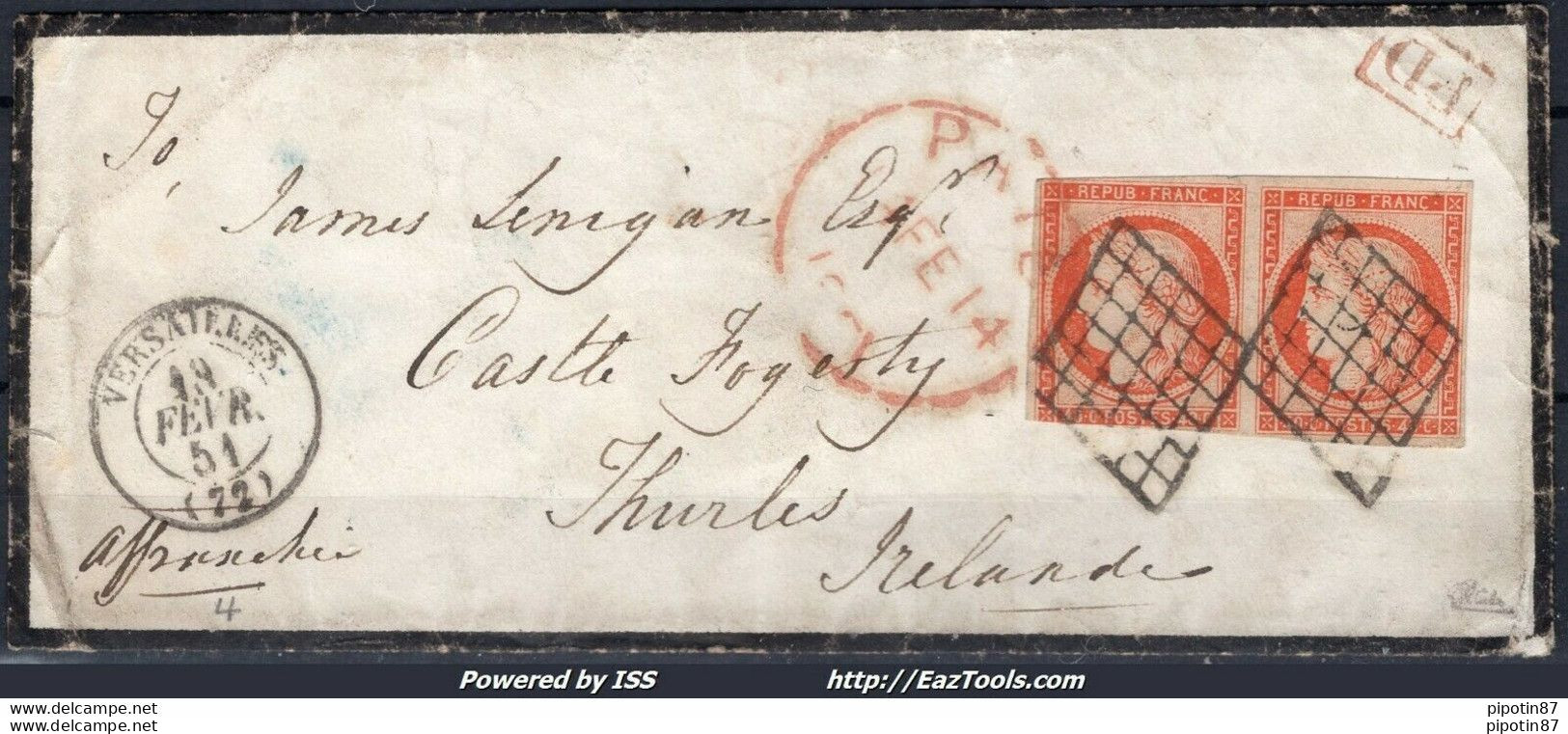 FRANCE N° 5x2 SUR LETTRE POUR THURLES IRLANDE GRILLE DU 19/02/1851 SIGNÉ CALVES - 1849-1850 Cérès