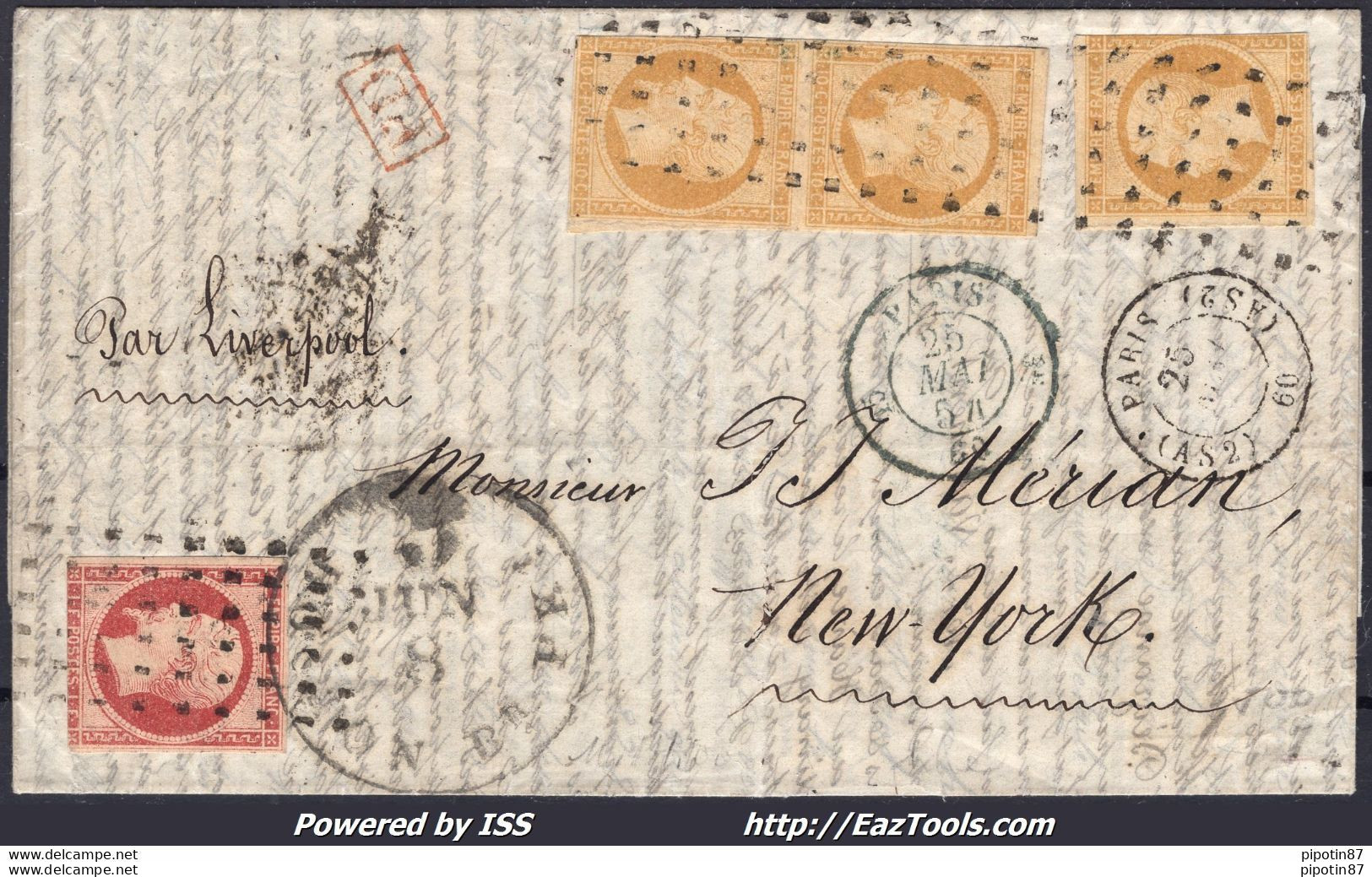 FRANCE N°13x3 + 18 SUR LETTRE POUR NEW YORK CACHET GROS POINTS + AS2 DU 25/05/1854 + CERTIFICAT ROUMET - 1853-1860 Napoléon III