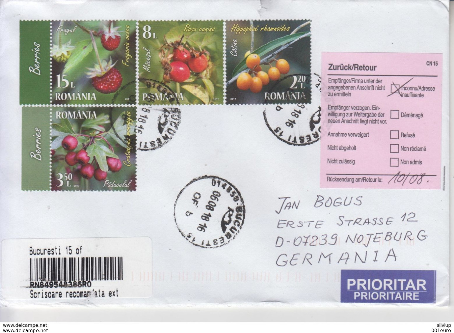 ROMANIA : WILD BERRIES Set On Registered Cover Returned From Germany #641833378 - Registered Shipping! - Used Stamps