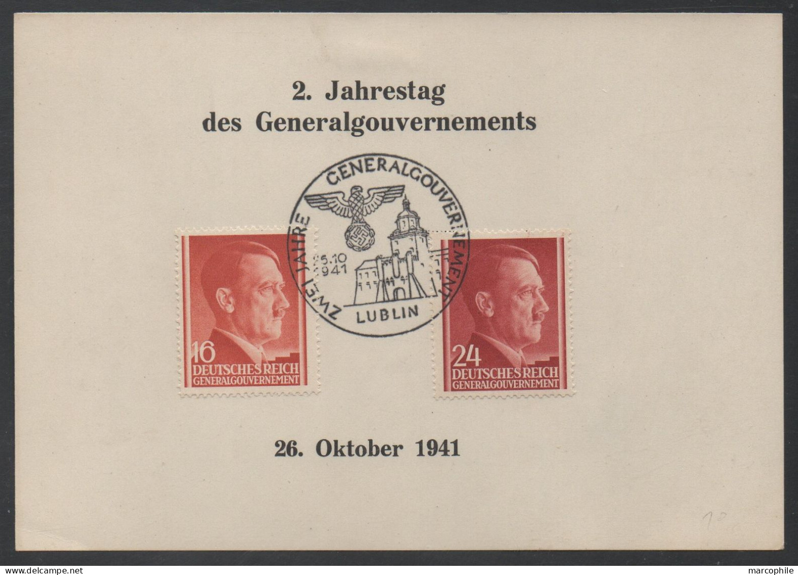 GENERAL GOUVERNEMENT - LUBLIN - III REICH / 26.10.1941 Mi # 76 & 78 AUF FDC GEDENK KARTE  (ref 7788b) - General Government