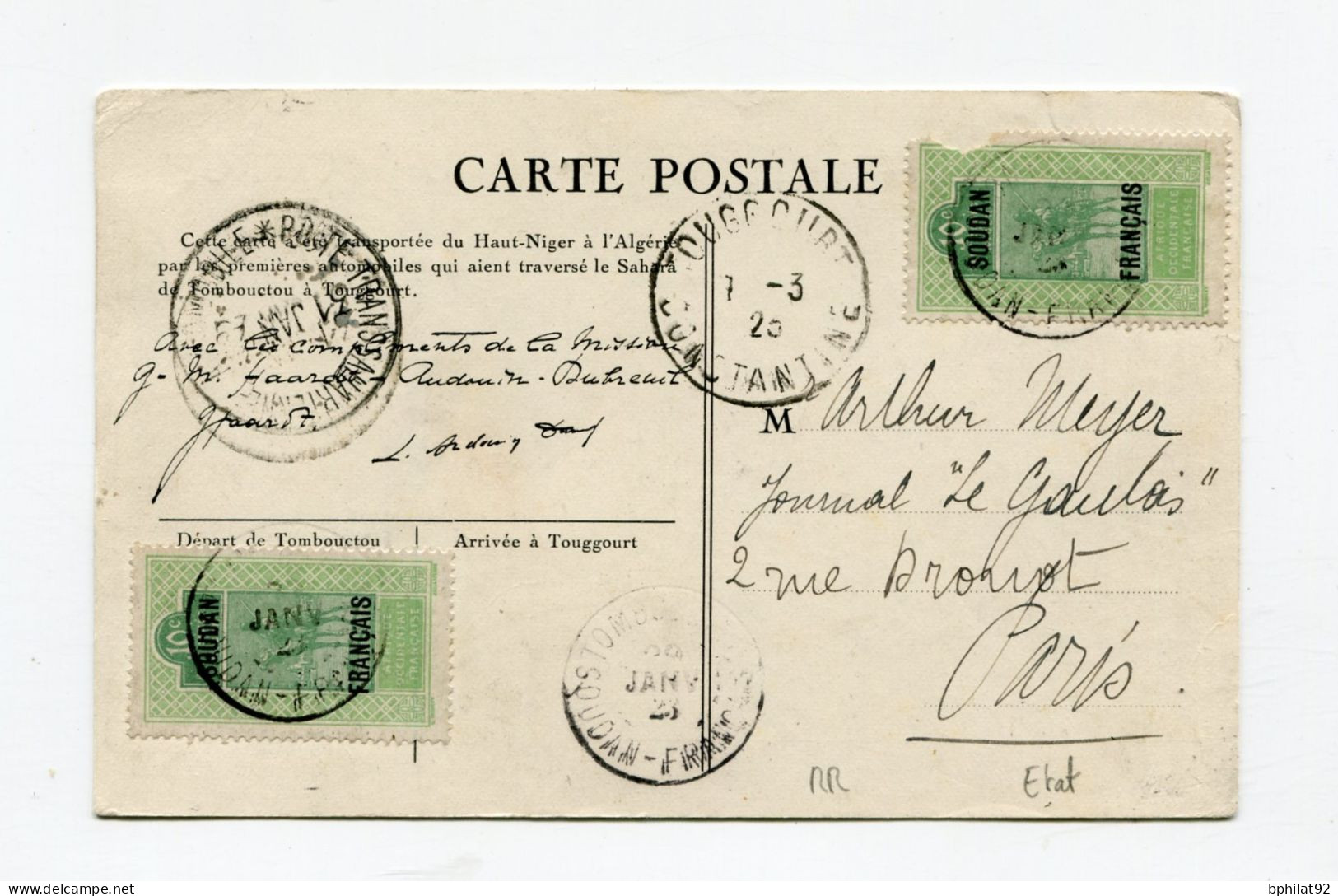 !!! CPA DE TOMBOUCTOU POUR PARIS CACHET TRANSSAHARIENNE DU 31/1/1923 RAID CITROEN. RR, EN L'ETAT - Cartas & Documentos