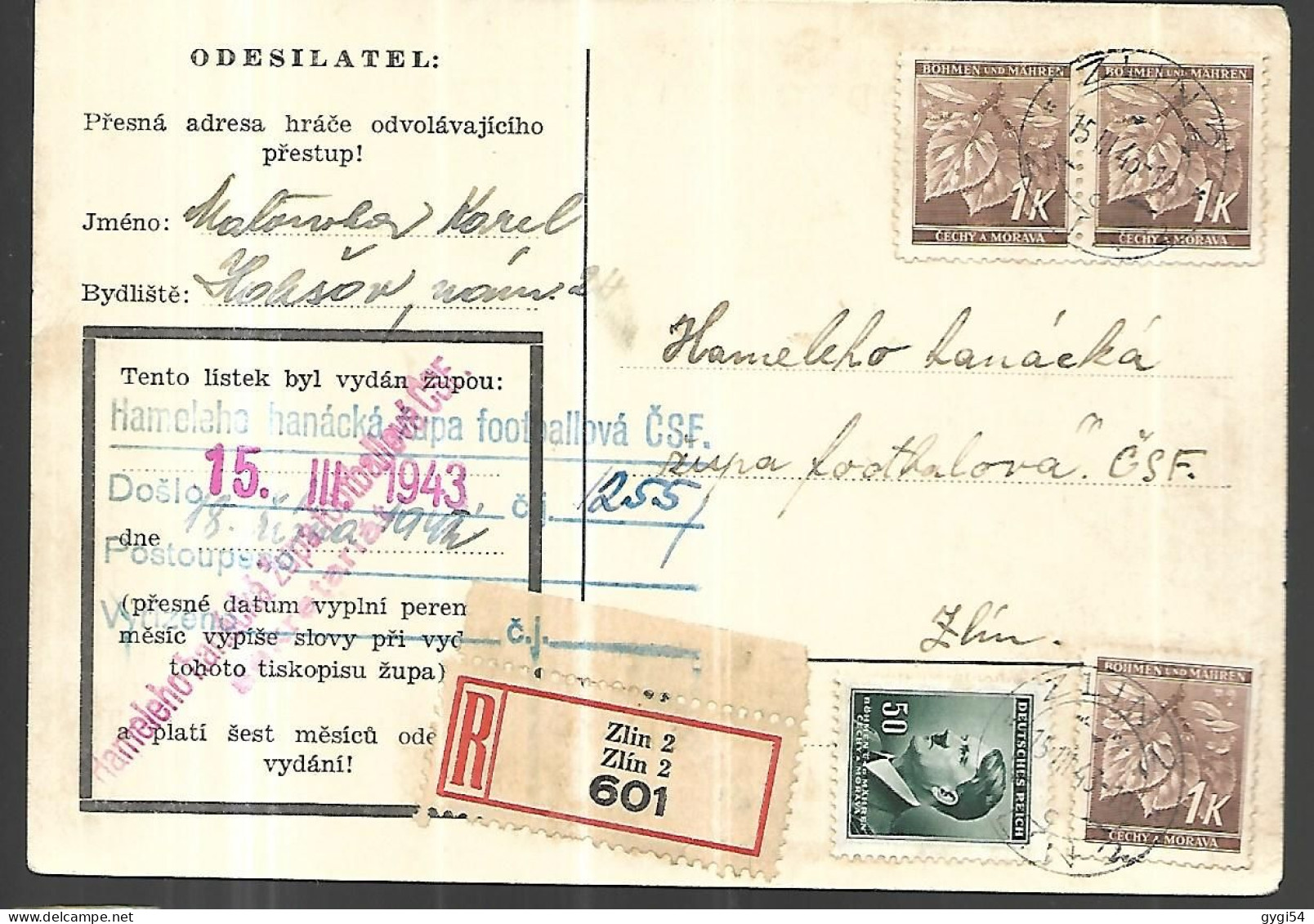 Böhmen  Und Mahren Lettre  Recommandée Du 15  Mars  1943   De ZLIN  ( TCH2COSLOVAQUIE )  Pour ZLIN - Autres & Non Classés