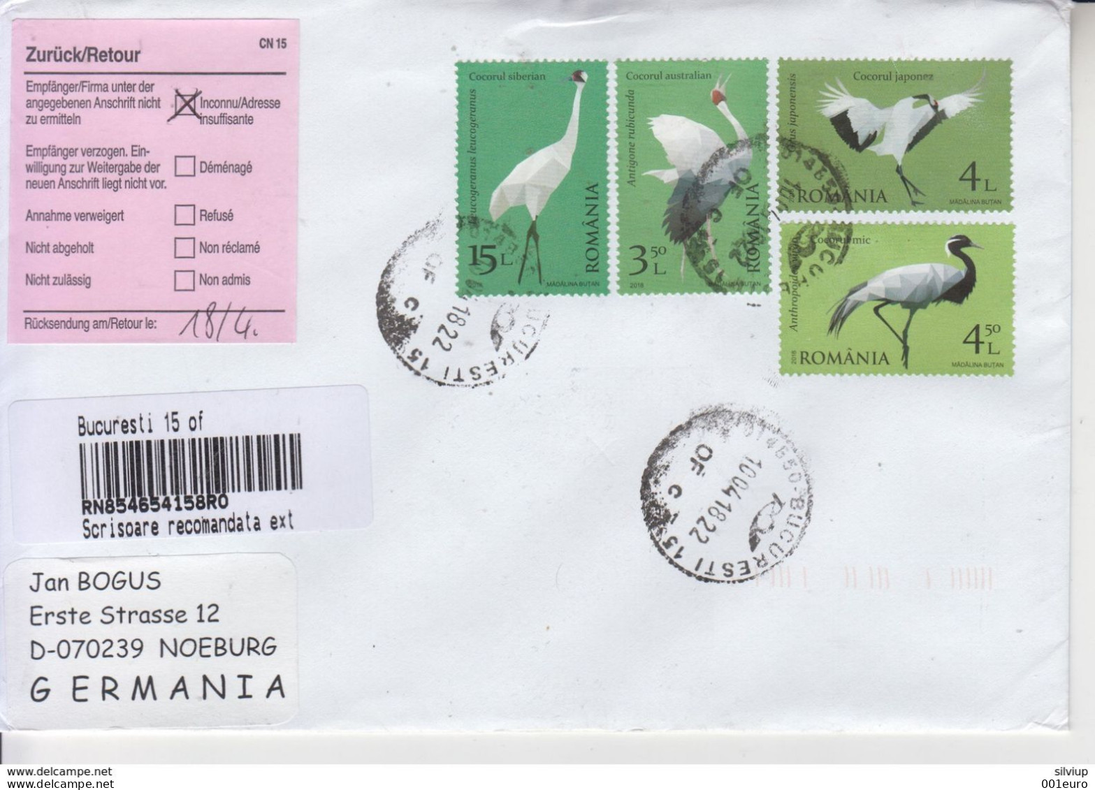 ROMANIA : CRANES Set On Registered Cover Returned From Germany #586776325 - Registered Shipping! - Gebraucht