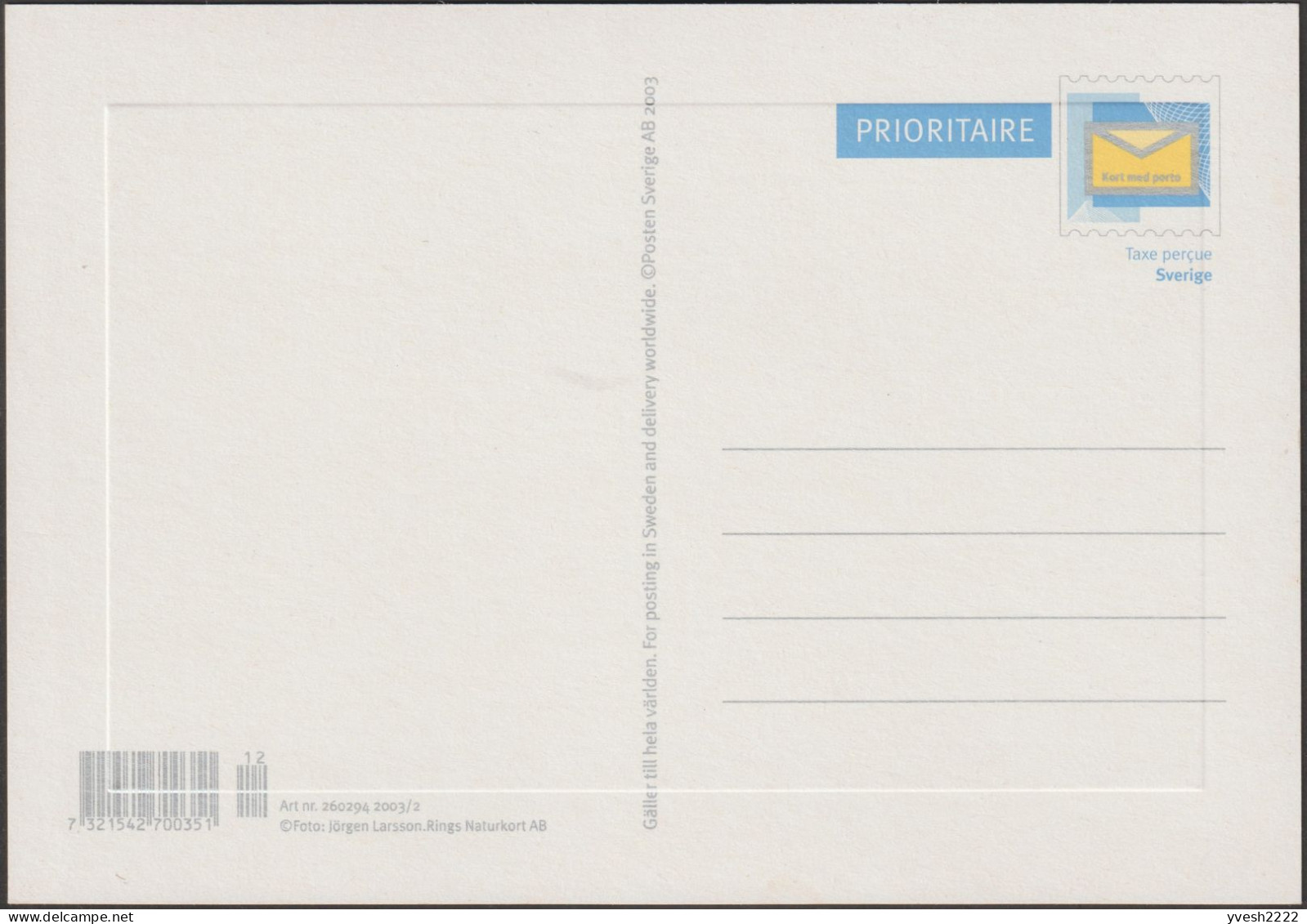 Suède 2003. Entier Postal Vendu Localement, Valable Pour Le Monde. Lapin - Lapins