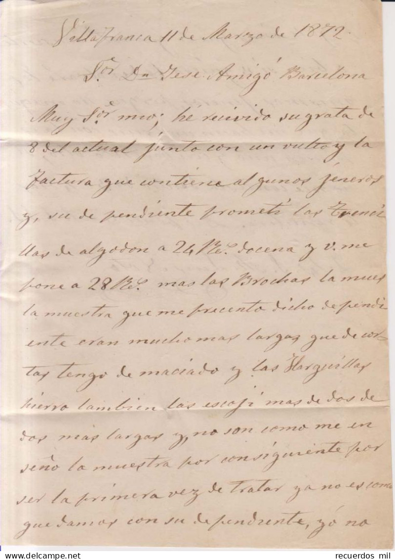 Año 1870 Edifil 107 Alegoria Carta Matasellos Rombo Villafranca  Barcelona Luis Noto - Cartas & Documentos