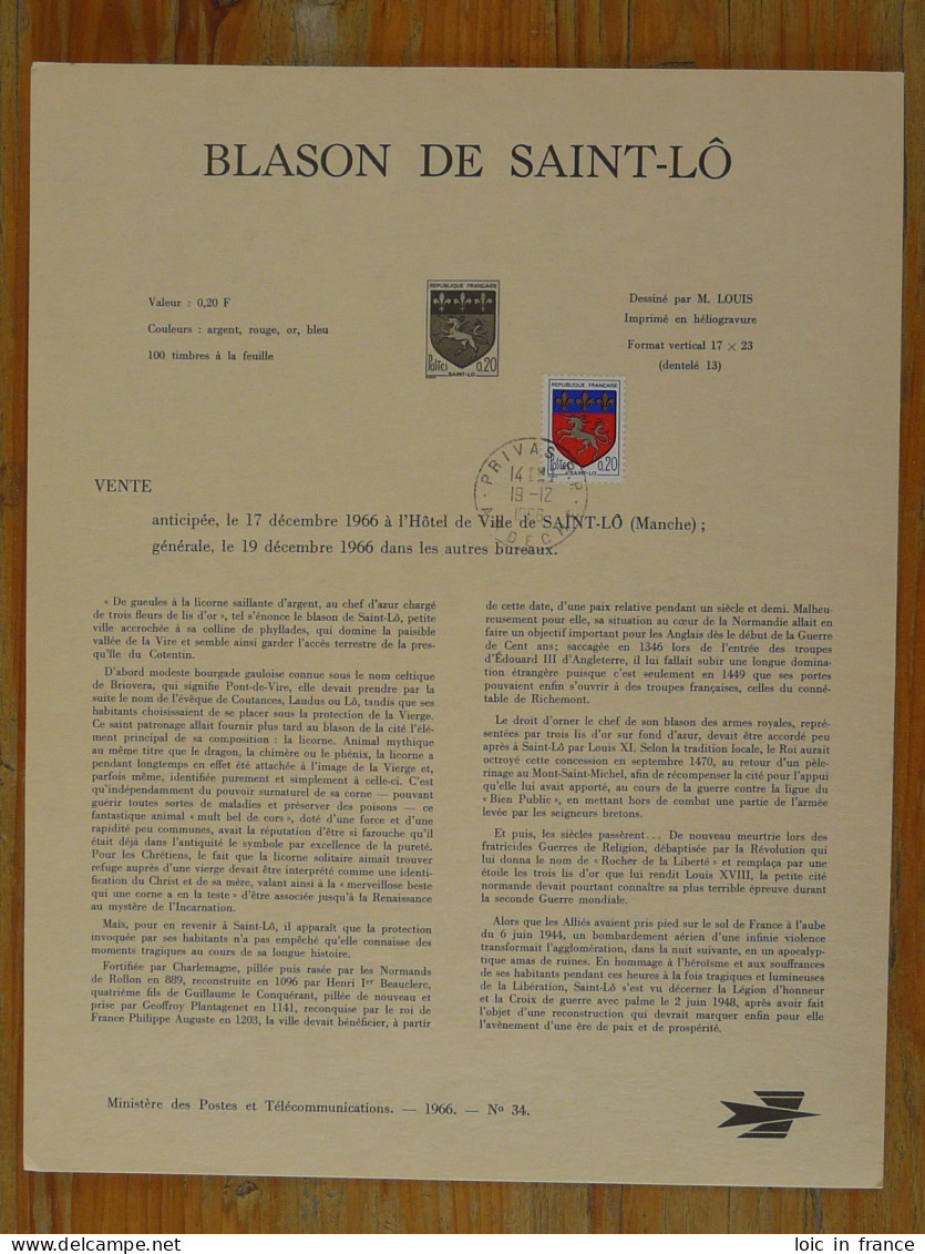 Notice PTT Licorne Unicorn Blason De St-Lo Oblit. Privas 07 Ardèche 1966 - Mitologia