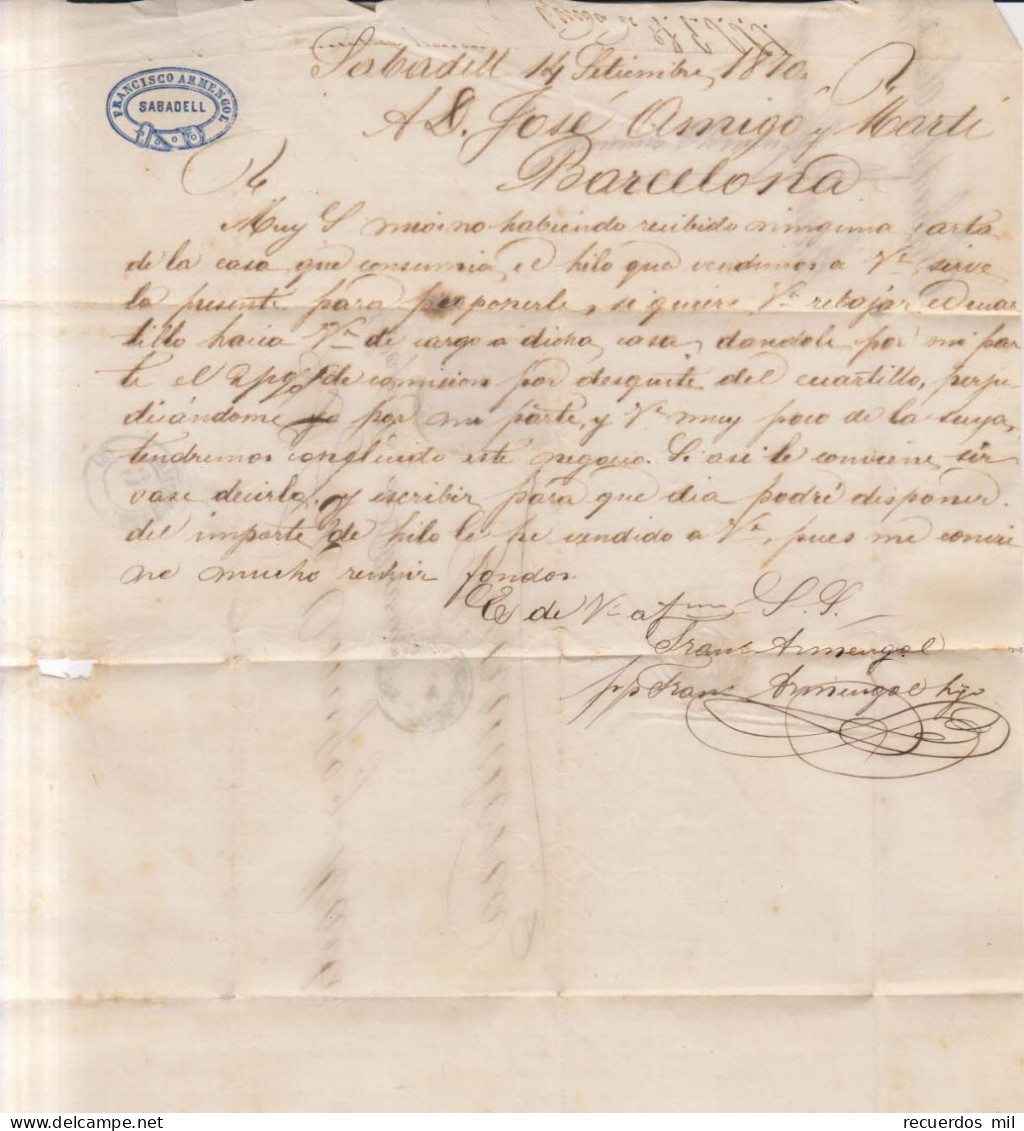 Año 1870 Edifil 107 Alegoria Carta Matasellos Sabadell  Barcelona Membrete Francisco Armengol - Lettres & Documents