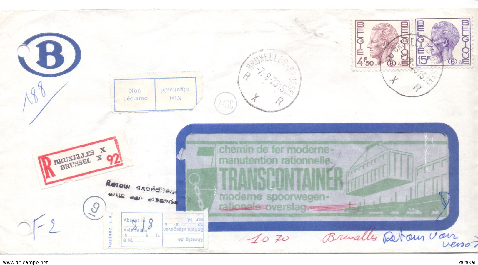 Belgique Service S65 S67 Elström Sur Lettre Recommandée SNCB NMBS De Bruxelles X Vers Forest Non Réclamée Retour 1973 - Lettres & Documents