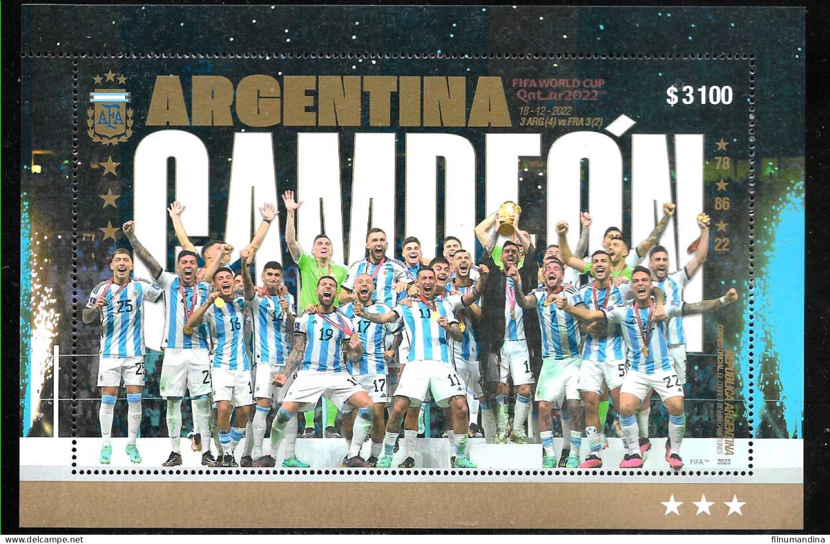 #75308 ARGENTINA 2023 SPORTS FOOTBALL SOCCER WORLD CUP QATAR CHAMPION ARGENTINA S/SHEET BLOC MNH - 2022 – Qatar