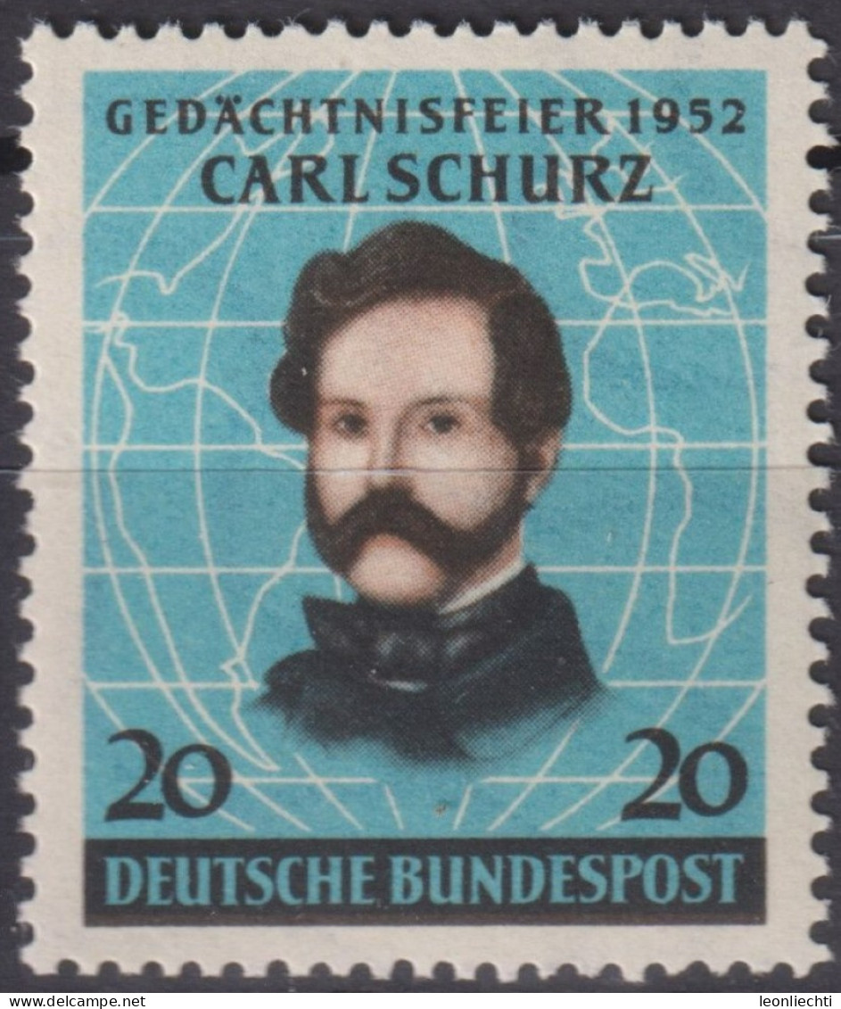 1952 Deutschland > BRD, ** Mi:DE 155, Sn:DE 691, Yt:DE 41, 100. Jahrestag Der Landung Von Carl Schurz In Amerika - Ungebraucht