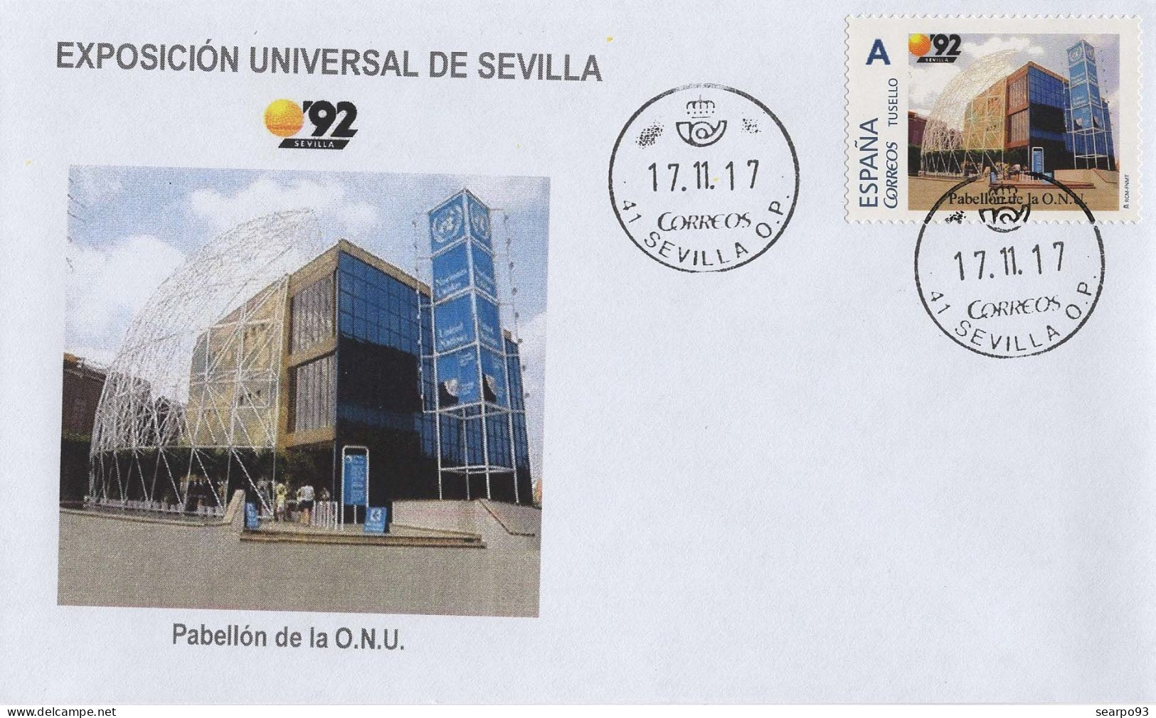 SPAIN. COVER EXPO SEVILLA'92. PAVILION OF UNITED NATIONS - Tarjetas Máxima