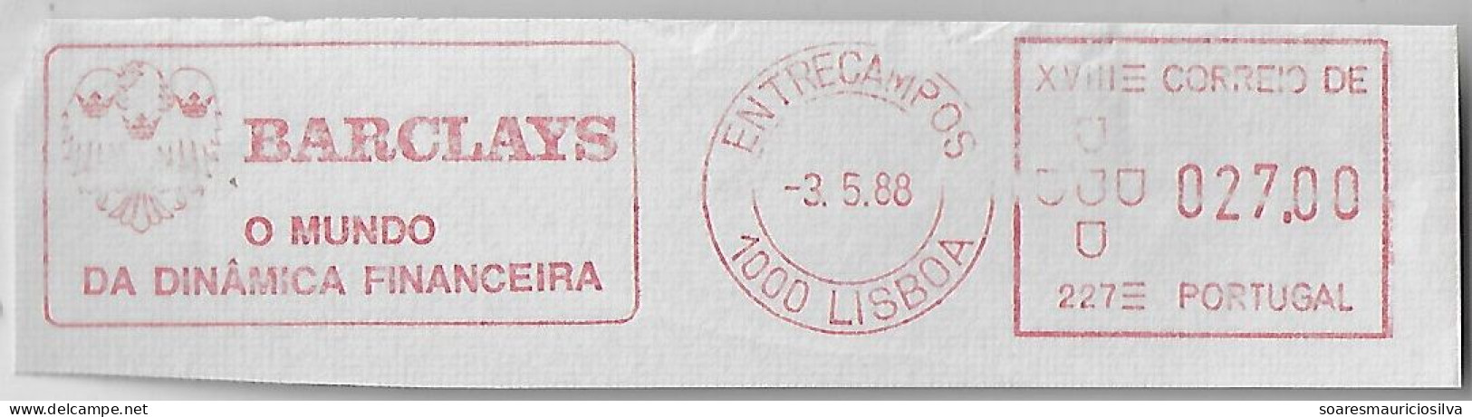 Portugal 1988 Fragment Meter Stamp Hasler Mailmaster Slogan Barclays The World Of Financial Dynamics Lisbon Entrecampos - Covers & Documents