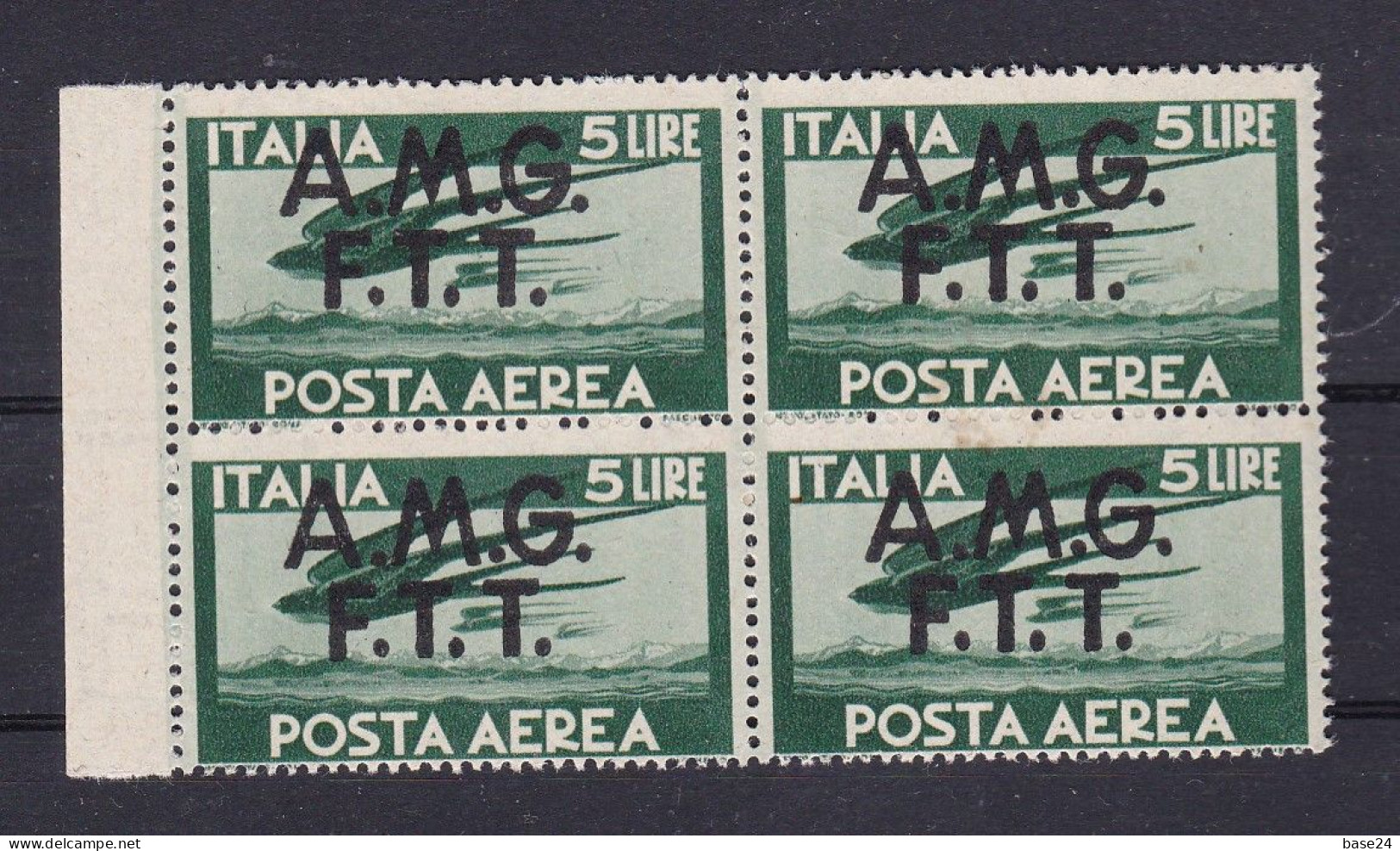 1947 Italia Italy Trieste A  AEREA DEMOCRATICA 5 Lire Verde Scuro In Quartina MNH** Air Mail Block 4 - Luftpost