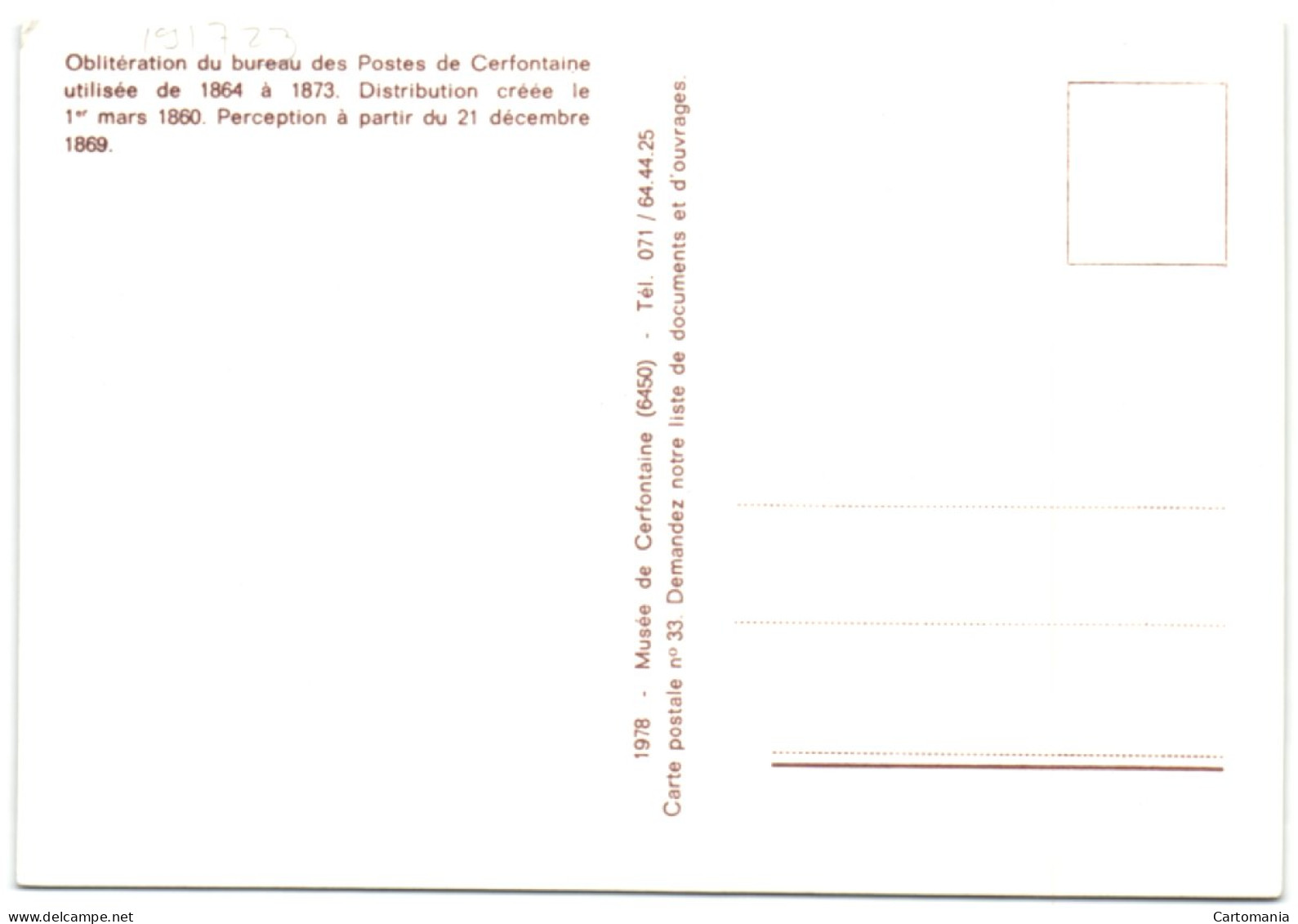 Oblutération Du Bureau Des Postes De Cerfontaine Utilisée De 1864 à 1873 - Cerfontaine