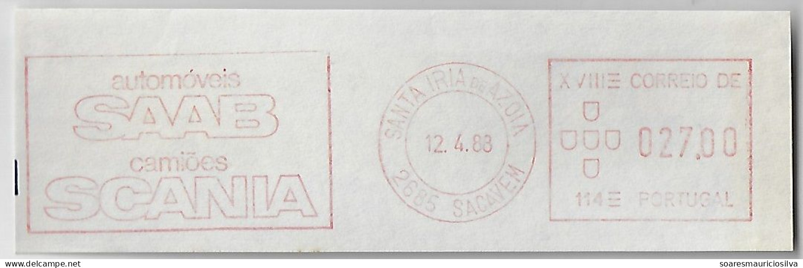 Portugal 1988 Fragment Meter Stamp Hasler Mailmaster Slogan Car Saab Truck Scania Sacavém Agency Santa Iria De Azoia - Camion