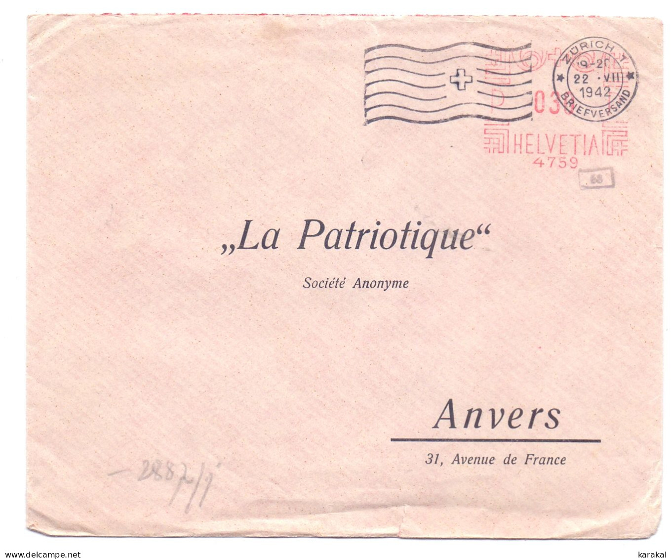 Suisse Switzerland Affranchissement Machine 4759 Le Patriotique Lettre Censurée De Zurich à Anvers Belgique 1942 Zensur - Frankiermaschinen (FraMA)