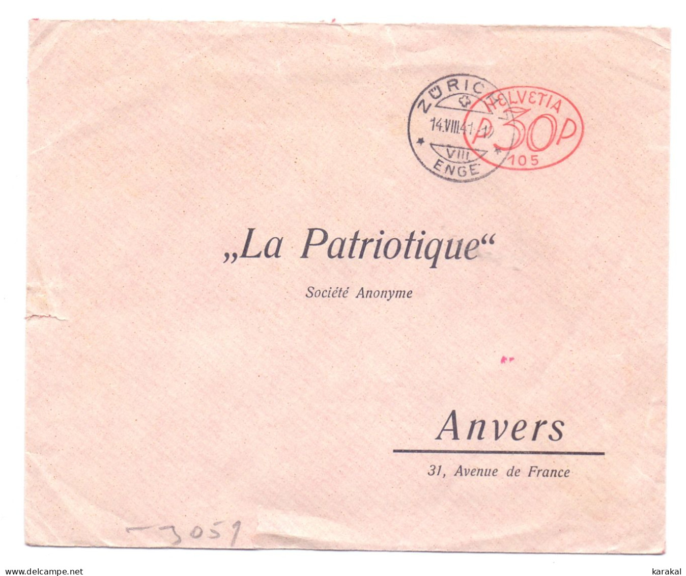 Suisse Switzerland Affranchissement Machine 105 Le Patriotique Lettre Censurée De Zurich à Anvers Belgique 1941 Zensur - Frankeermachinen