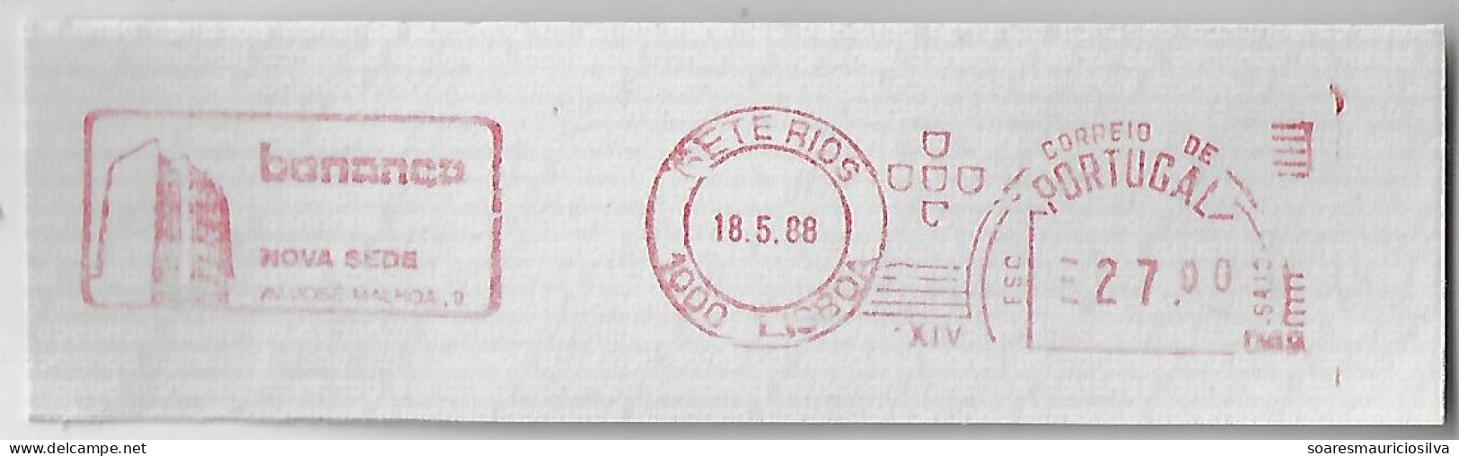 Portugal 1988 Fragment Meter Stamp Pitney Bowes GB 5000 slogan Bonança Headquarters José Malhoa Avenue Lisbon Sete Rios - Covers & Documents