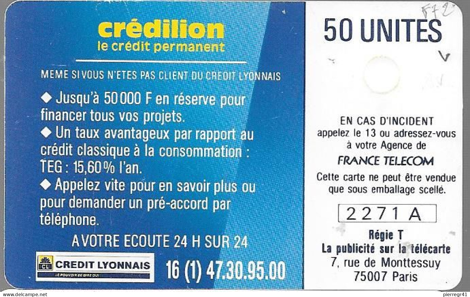 CARTE-PUBLIC-06/89-F 72-50U-GEM1B-CREDILION-Série 2271A-UTILISEE-TB E- - 1989