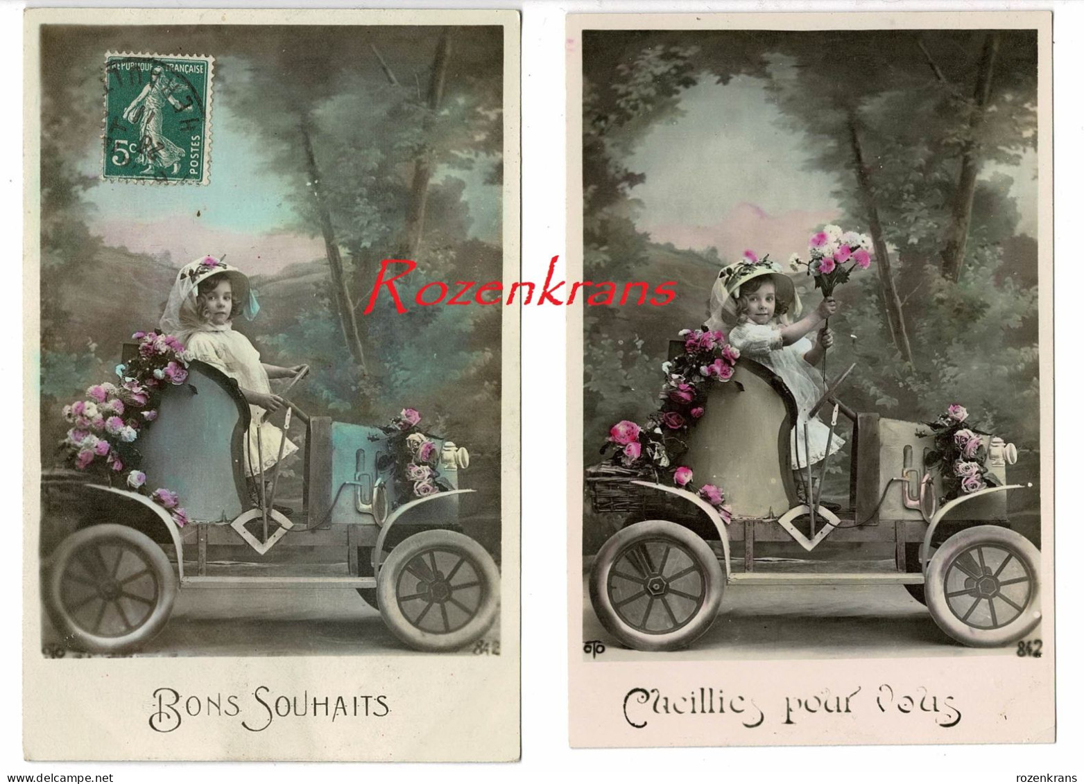 Lot 2 X CPA Carte Fantaisie Enfant Child Fille Girl Automobile Classique Voiture Oldtimer Car Auto Fleurs Flowers - Collezioni & Lotti