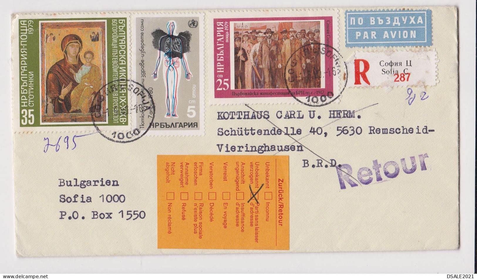 Bulgaria Bulgarien 1980 Registered Airmail Cover W/Colorful Topic Stamps Sent To Germany BRD, Return To Sender (66311) - Brieven En Documenten