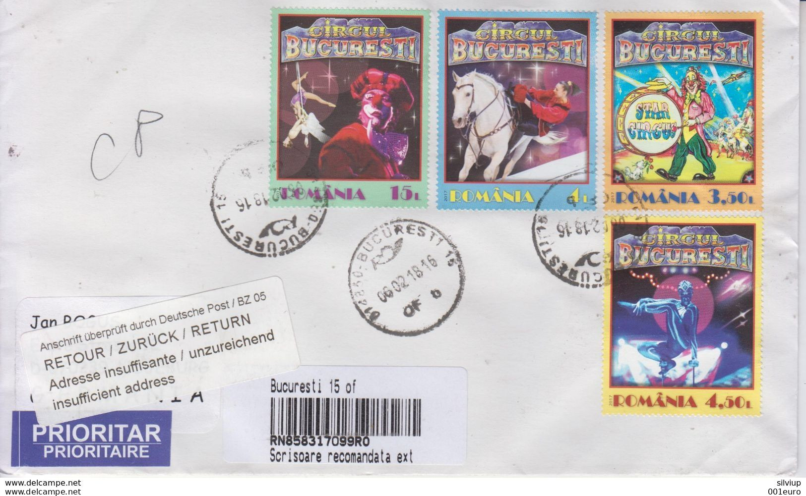 ROMANIA 2017: CIRCUS On Circulated Registered Cover To GERMANY And Back #550972829 - Registered Shipping! - Gebraucht