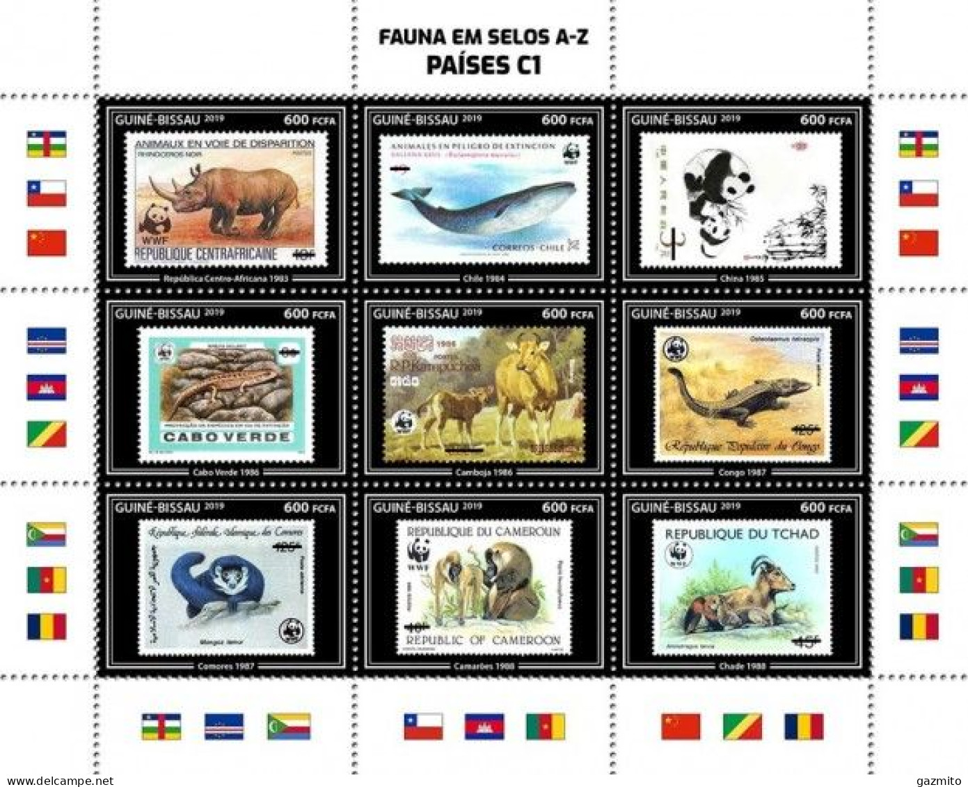 Guinea Bissau 2019, Stamp On Stamp, WWF, Rhino, Whale, Panda, Lizard, Monkeys, 9val In BF - Rhinoceros