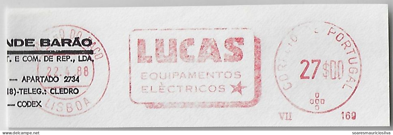 Portugal 1988 Cover Fragment Meter Stamp Francotyp Cc Slogan Lucas Electrical Equipment Lisbon Agency Terreiro Do Paço - Covers & Documents