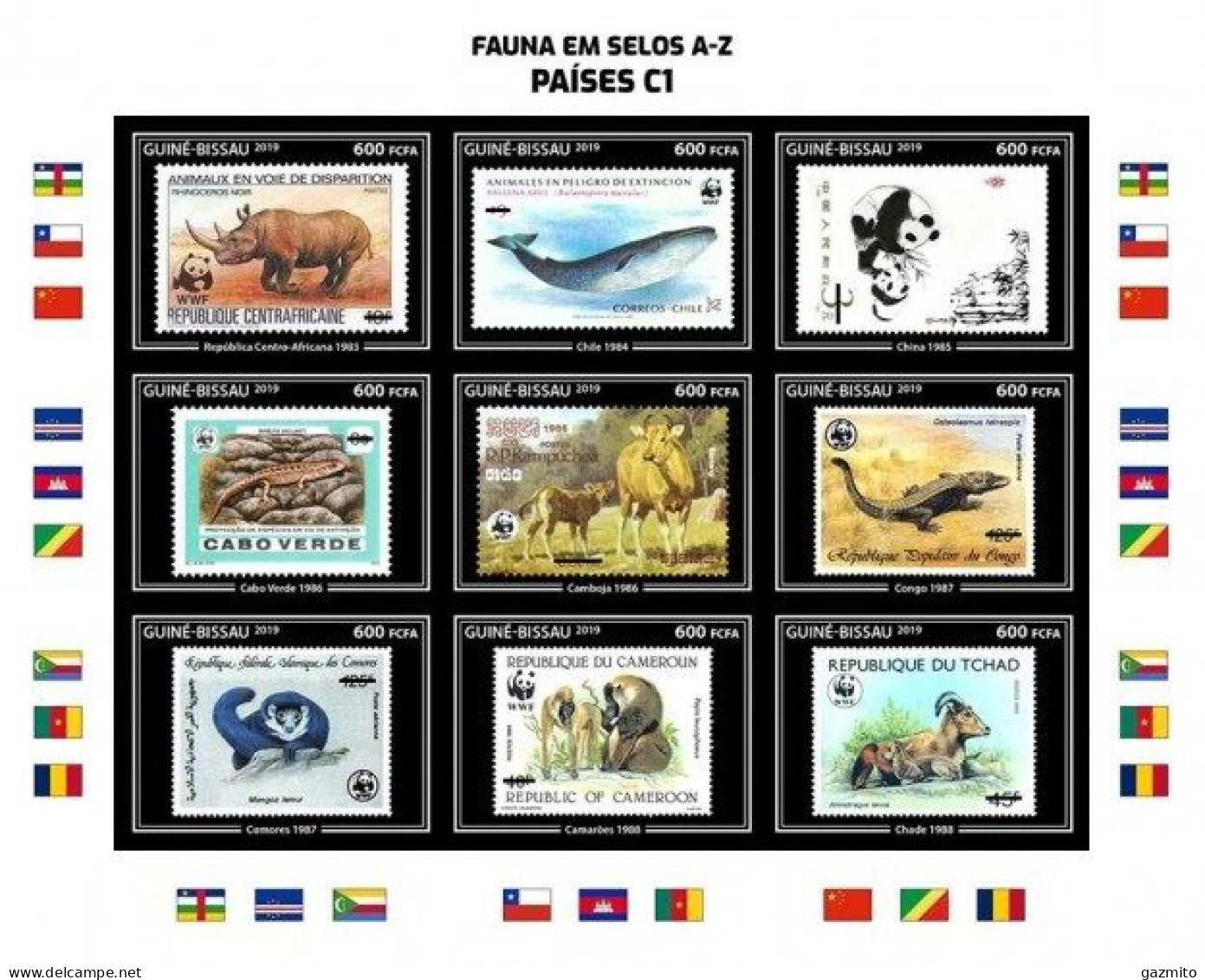 Guinea Bissau 2019, Stamp On Stamp, WWF, Rhino, Whale, Panda, 9val In BF IMPERFORATED - Rhinoceros