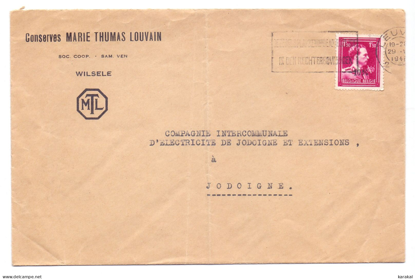 Belgique 724R Moins 10% Surcharge Générale De Leuven à Jodoigne De Zwarte Markt Conserves Marie Thumas 1956 - 1946 -10%