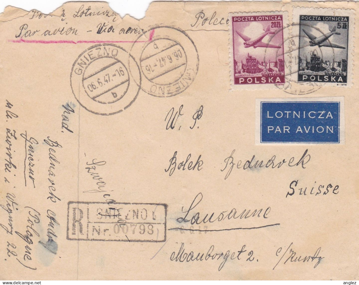 Poland - 1947 Registered Airmail Cover Gniezno To Switzerland - Sonstige & Ohne Zuordnung