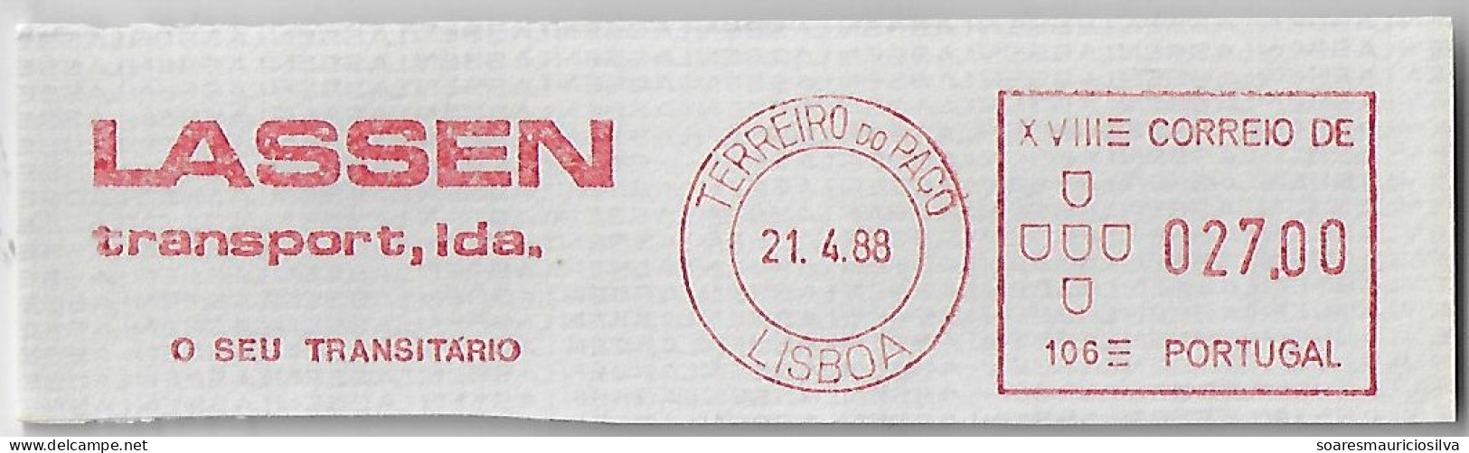 Portugal 1988 Cover Fragment Meter Stamp Hasler Mailmaster Slogan Lassen Transport Ltd from Lisboa Terreiro Do Paço - Covers & Documents