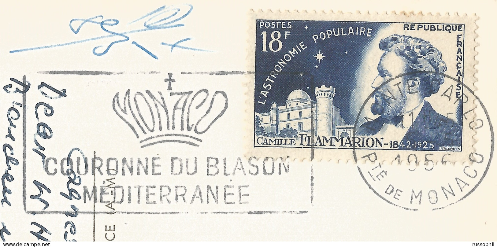 FRANCE - VARIETY &  CURIOSITY - Yv #1015 ALONE ON PC (VIEW OF NICE)  SENT IN MONACO TO GERMANY -  NO TAX - 1956 - Cartas & Documentos