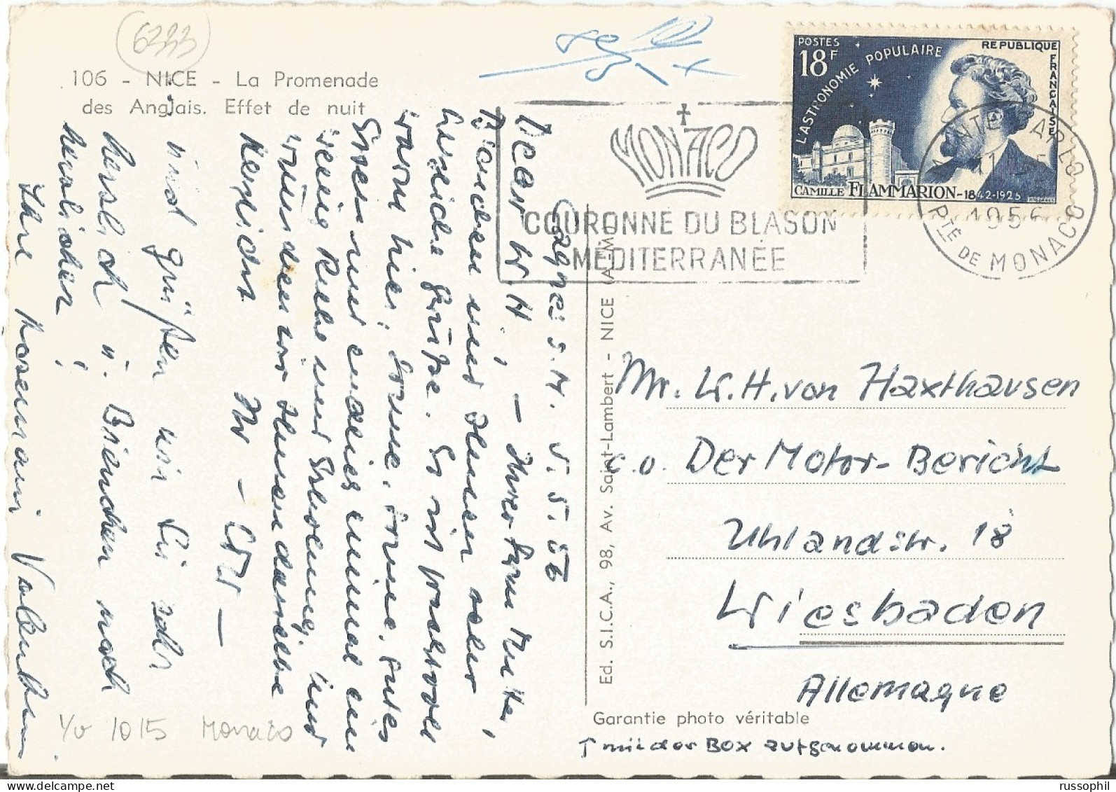 FRANCE - VARIETY &  CURIOSITY - Yv #1015 ALONE ON PC (VIEW OF NICE)  SENT IN MONACO TO GERMANY -  NO TAX - 1956 - Briefe U. Dokumente