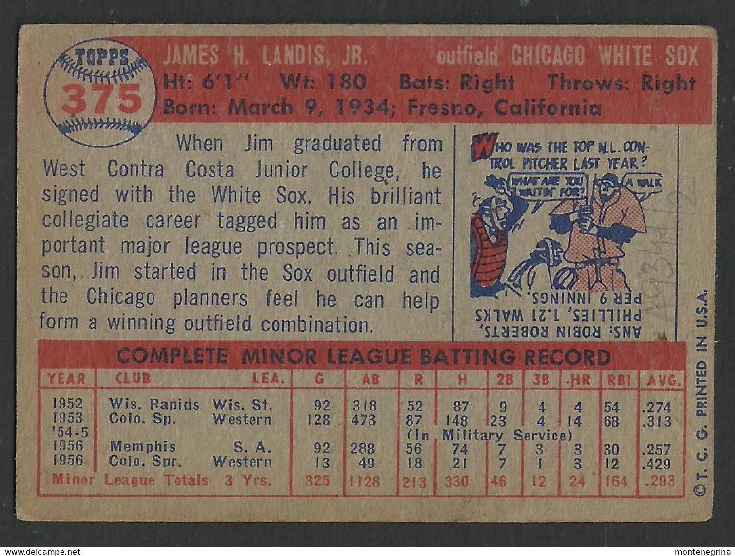 Baseball Player - JIM Landis CHICAGO WHITE SOX O.F. - 1957 Topps Baseball Card (see Sales Conditions)09367 - Honkbal