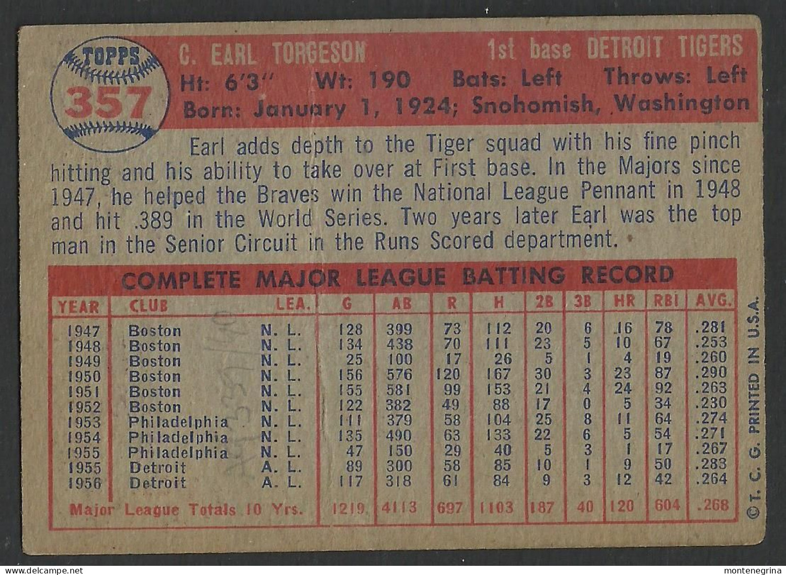 Baseball Player - EARL Torgeson DETROIT TIGERS FIRST BASE - 1957 Topps Baseball Card (see Sales Conditions)09368 - Honkbal