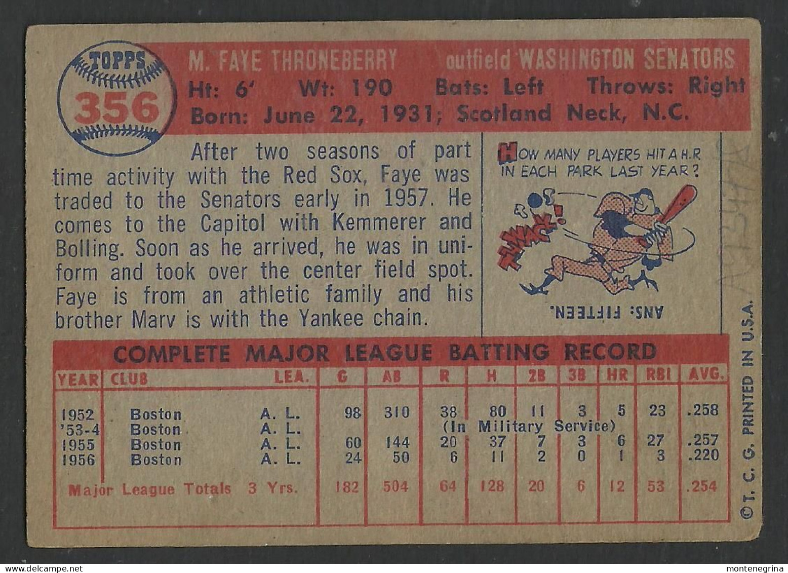 Baseball Player - FAYE Throneberry WASHINGTON SENATORS O.F. - 1957 Topps Baseball Card (see Sales Conditions)09370 - Honkbal