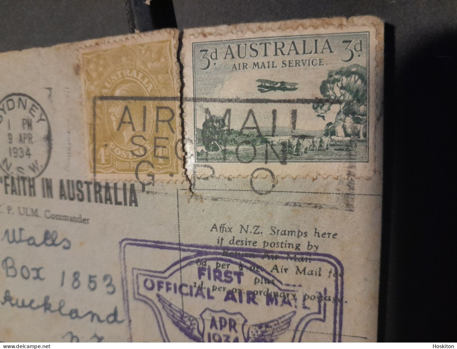 12 April 1934 Sydney-New Plymouth Trans Tasman Flight VH-UXX,Faith In Australia - Storia Postale